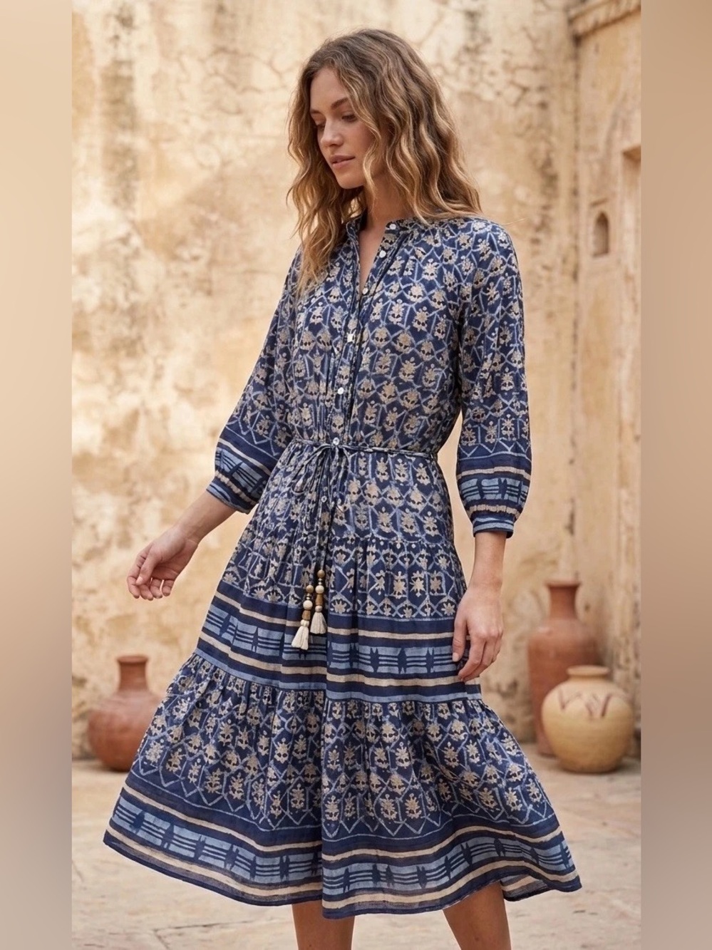 BELL By Alicia Bell Silk Tassel Dress Boho Peasant Hand Block Printed Resort XS
